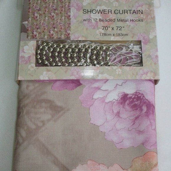 NEW Floral Shower Curtain Set with Roller Ball Beaded Rings Beige Floral Cottage - Picture 1 of 6
